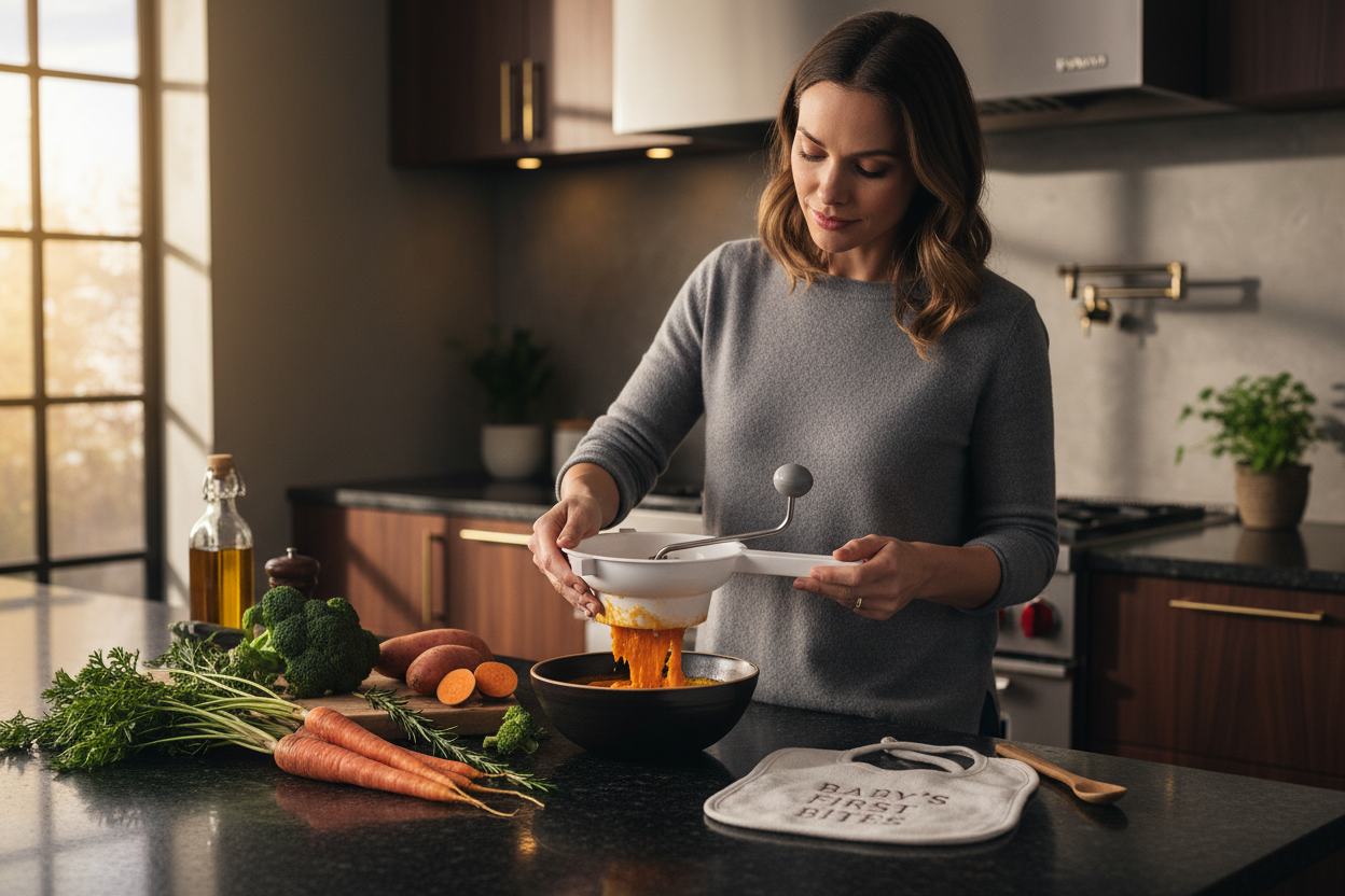 Mamma prepara pappa sana per bambino usando passaverdure in cucina moderna