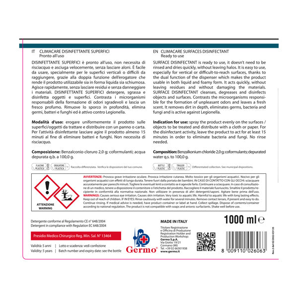 Detergente Disinfettante Climacare 1L Pronto Uso Tekna K020