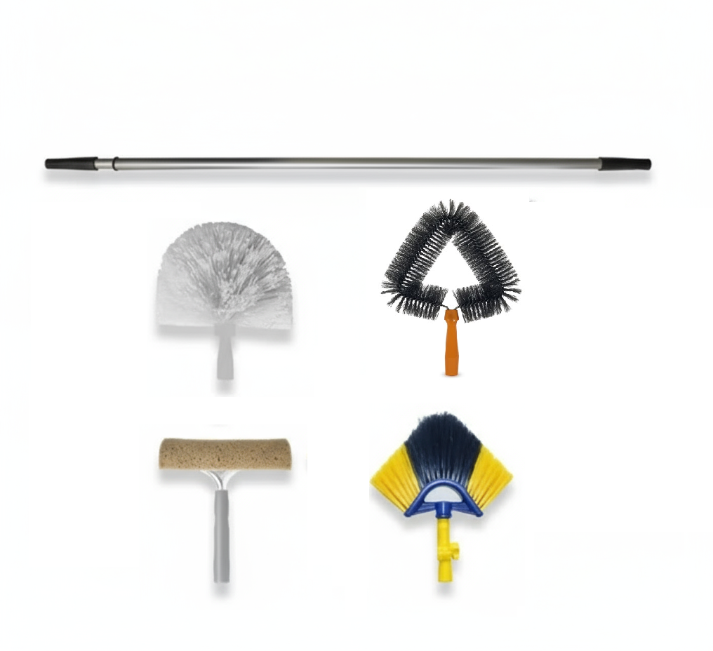 Kit Pulizia Professionale con Asta Telescopica 4,5 mt + 4 Scovoli - Lavavetri e Levaragnatele