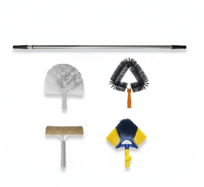 Kit Pulizia Professionale con Asta Telescopica 4,5 mt + 4 Scovoli - Lavavetri e Levaragnatele