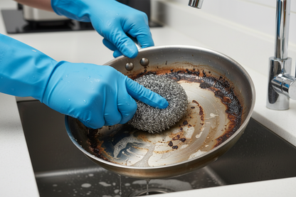 Mani puliscono pentola con paglietta