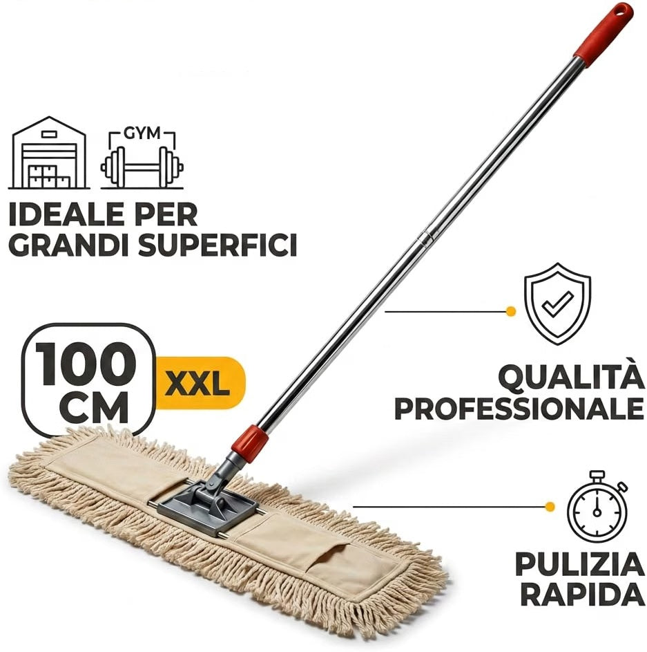 Balai industriel en coton de 100 cm avec manche en aluminium de 140 cm - Franges renforcées pour les grandes surfaces