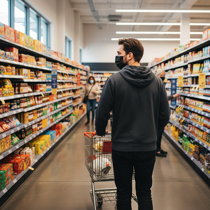 Mascherina nera durante la spesa