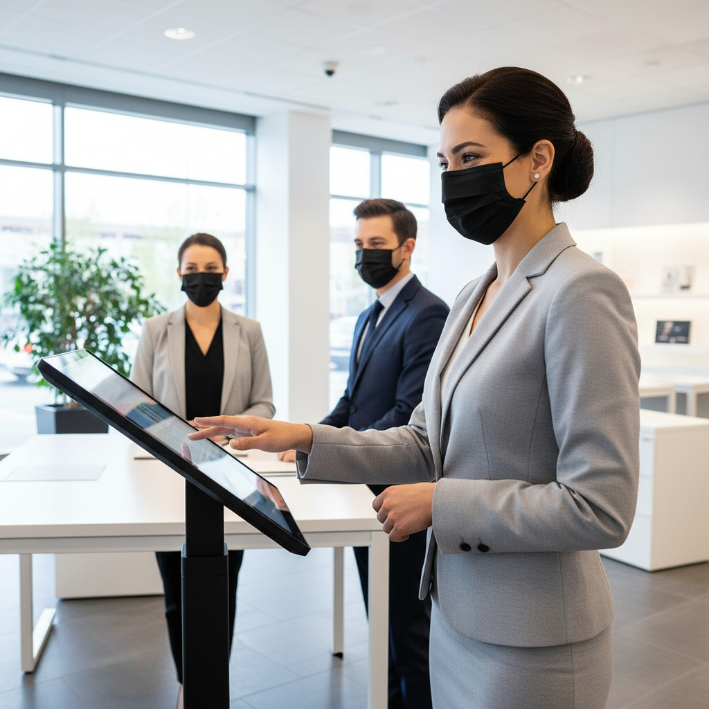 Mascherina nera in ambiente lavorativo