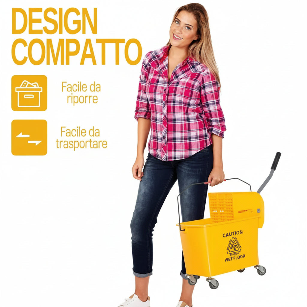 Carrello Mocio Professionale 20L con Strizzatore e Pannello Divisorio – 60×27×70,5 cm, Giallo