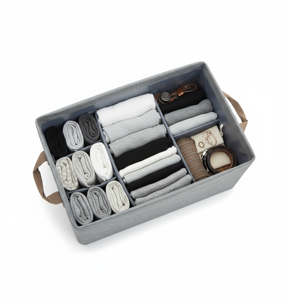 Organizer con biancheria e accessori organizzati