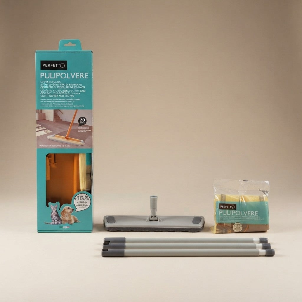 Perfect 0027As The Floor Broom Dust Cleaner with 3-Piece Handle 130cm, Base 40cm, Dust Catcher, with Bag of 20 Nets Soaked in Biodegradable Mineral Oils to Retain Dust