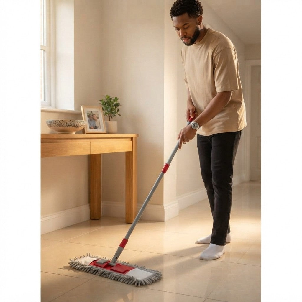 MICROFIBER MOP BROOM. DUST-CATCHING, WASHING, AND DRYING MOP WITH REPLACEABLE MICROFIBER CLOTH. EXTENDABLE TELESCOPIC WAND. EURONOVITA' SRL EN-86344