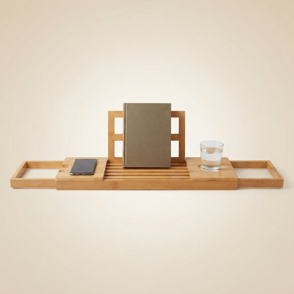 Plateau de baignoire ajustable Alpina - Plateau de rangement 50-92 x 18 x 4 cm - Meuble de salle de bain en bambou avec porte-livres et support pour tablette - Porte-gobelet inclus - Accessoires de salle de bain