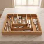 alpina Drawer Cutlery Tray - Expandable Kitchen Drawer Organizer 46 x 34-56.5 x 6 cm - Drawer Organizer with 6 to 8 Compartments - For Kitchen Utensils, Sunglasses and More - Bamboo