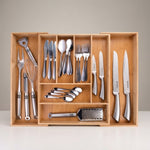 alpina Drawer Cutlery Tray - Expandable Kitchen Drawer Organizer 46 x 34-56.5 x 6 cm - Drawer Organizer with 6 to 8 Compartments - For Kitchen Utensils, Sunglasses and More - Bamboo