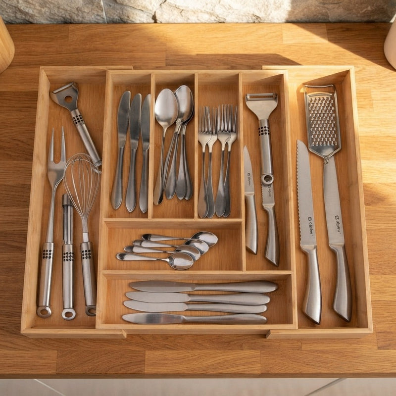 alpina Drawer Cutlery Tray - Expandable Kitchen Drawer Organizer 46 x 34-56.5 x 6 cm - Drawer Organizer with 6 to 8 Compartments - For Kitchen Utensils, Sunglasses and More - Bamboo