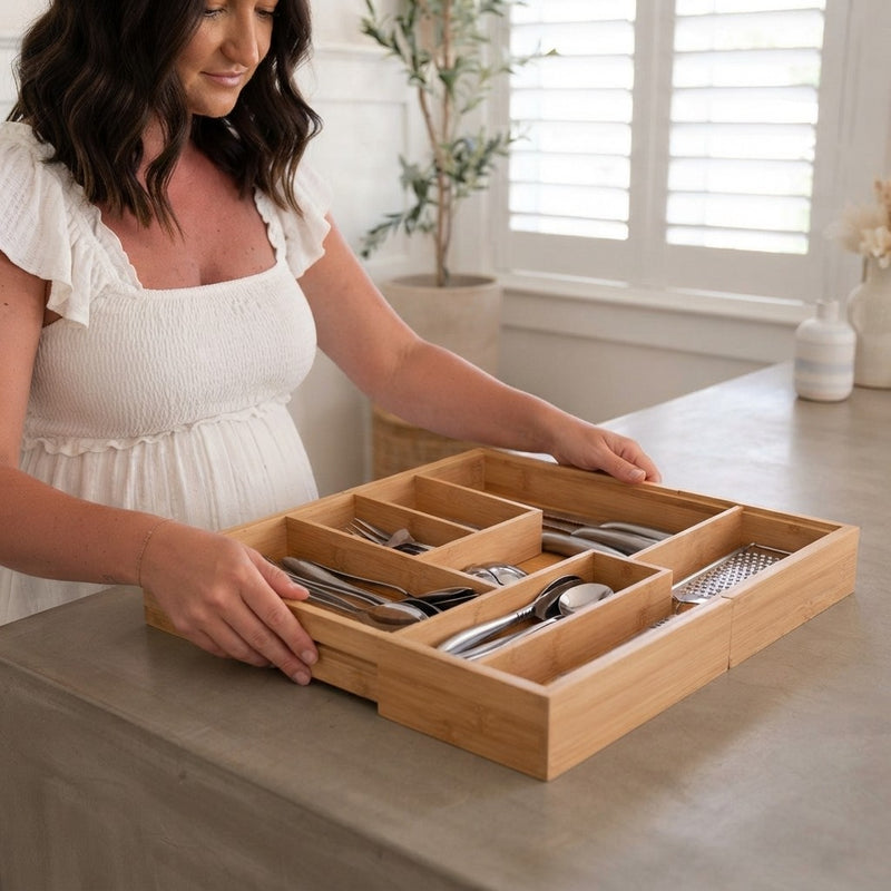 alpina Drawer Cutlery Tray - Expandable Kitchen Drawer Organizer 46 x 34-56.5 x 6 cm - Drawer Organizer with 6 to 8 Compartments - For Kitchen Utensils, Sunglasses and More - Bamboo