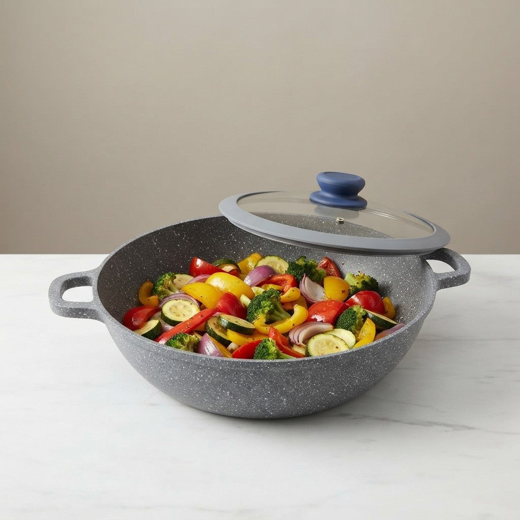 Wok Pietra Vulcanica 32cm Induzione con Coperchio Stone