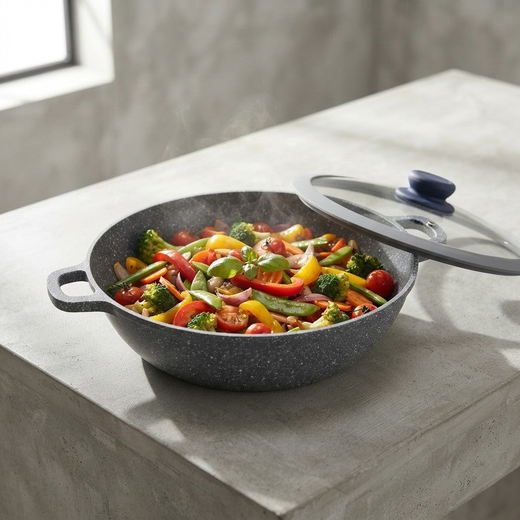 Wok Pietra Vulcanica 32cm Induzione con Coperchio Stone