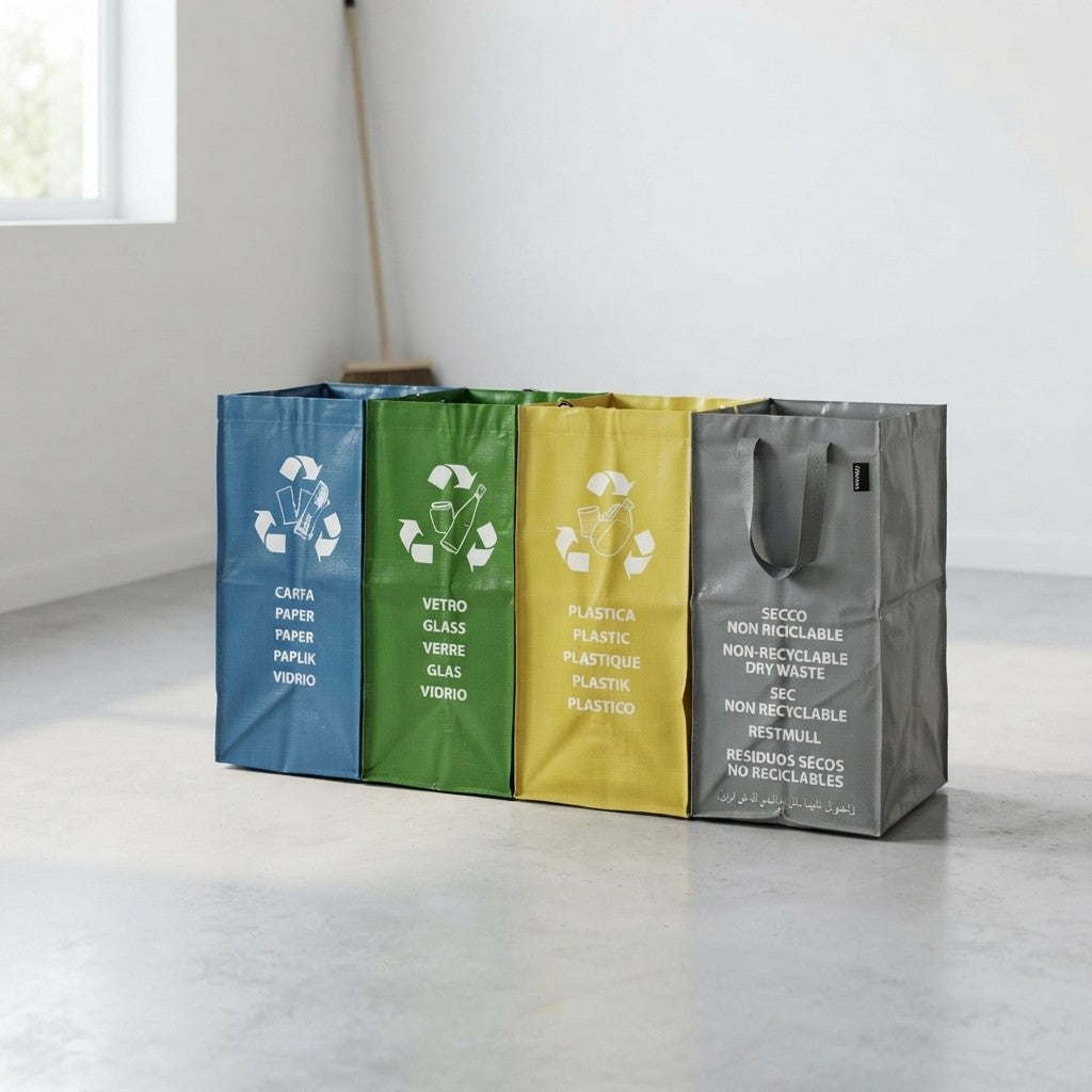 Poubelles ouvertes pour l'intérieur et l'extérieur, poubelles colorées, conteneurs à déchets, recyclage, papier, verre, plastique + poubelle non recyclable de 62 L offerte