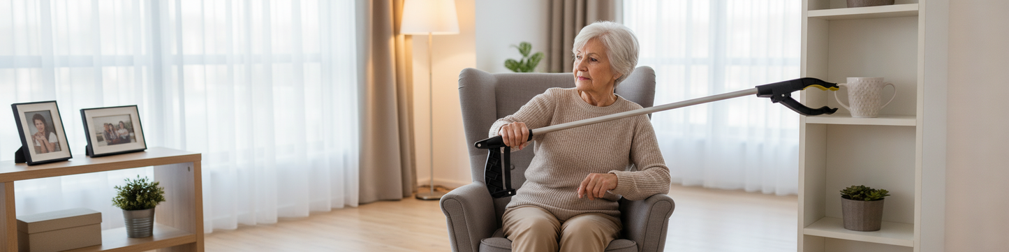 Persona anziana usa il gripper per raggiungere oggetti