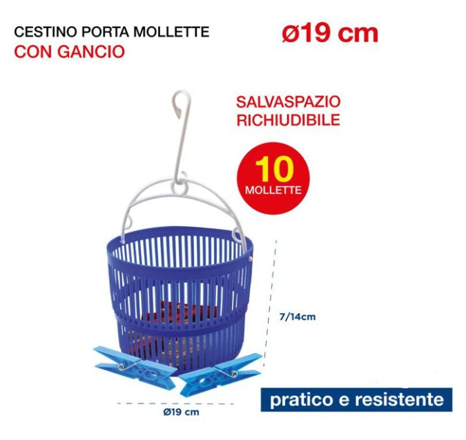 Cestello Portamollette con Gancio e 10 Mollette Colorate – 2 Fasce