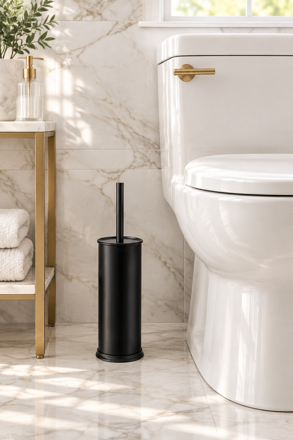Portascopino nero in bagno di marmo bianco