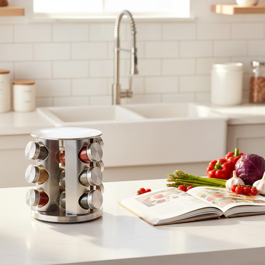 Portaspezie organizzato con 12 spezie colorate