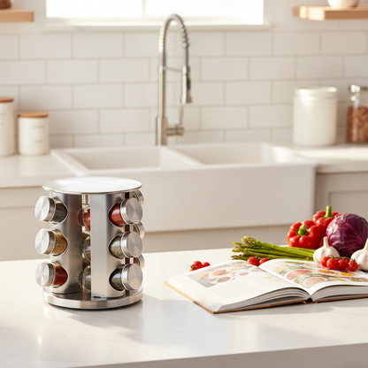 Portaspezie organizzato con 12 spezie colorate