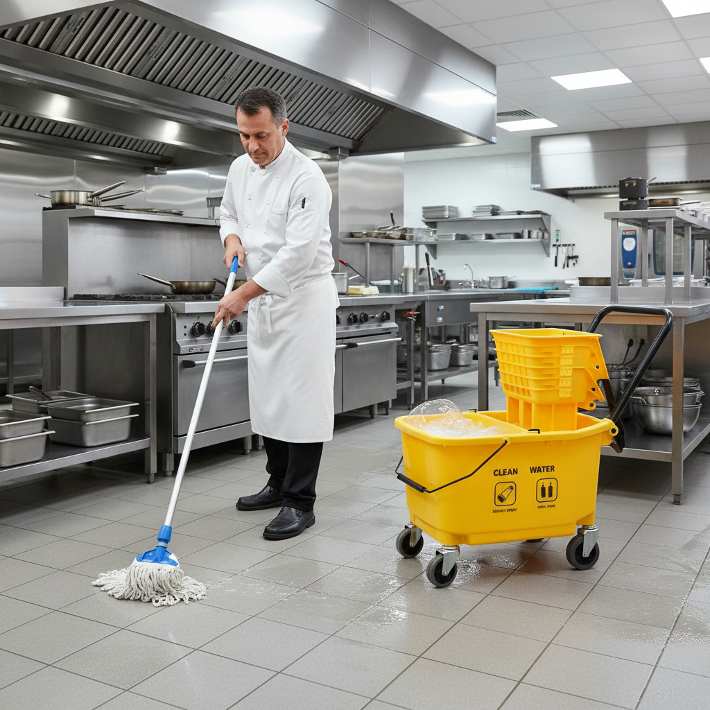 Pulizia cucina ristorante con mop professionale