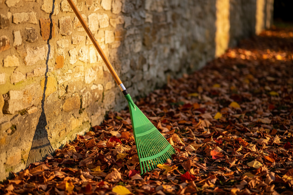 Rastrello in giardino con foglie