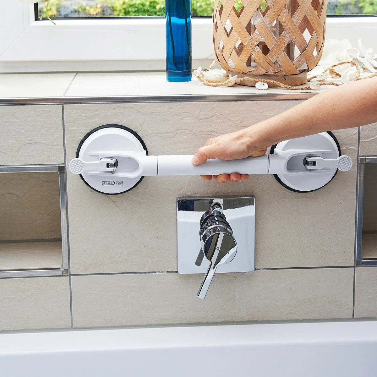 Maniglione di Sicurezza a Ventosa per Bagno, Doccia e WC – Estensibile 57 cm, Senza Forare