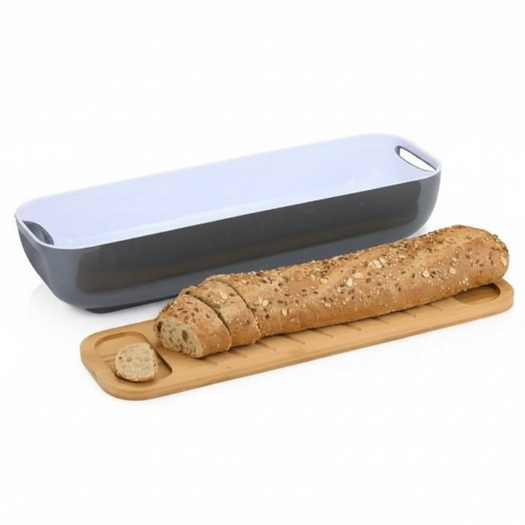 Boîte à pain en bambou avec planche à découper et couvercle 40 x 12,2 x 8,5 cm - Boîte à pain avec poignées, grise