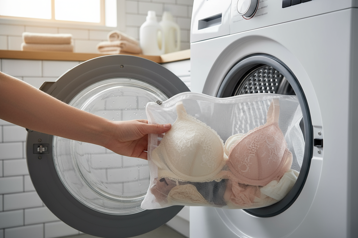 Sacco salvabucato con lingerie delicata inserito in lavatrice protezione capi