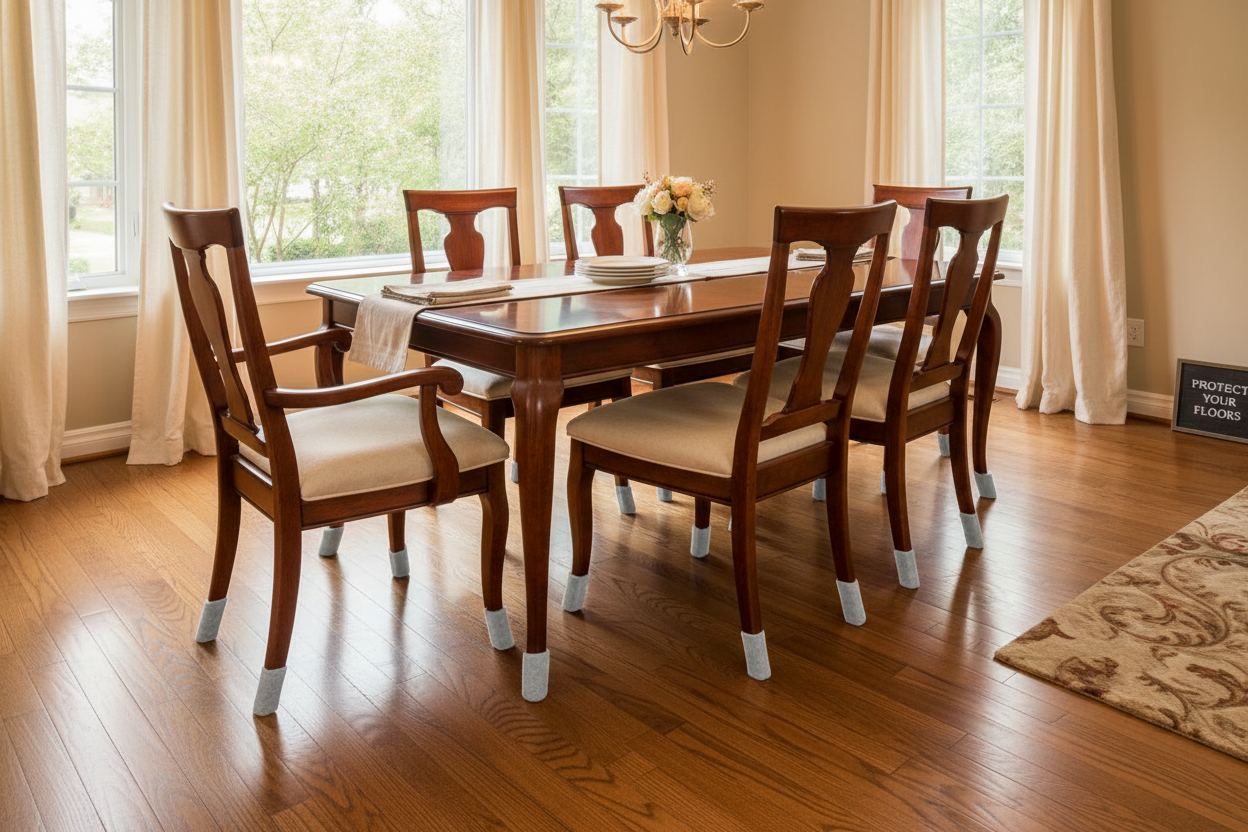 Sala da pranzo con sedie protette da feltrini
