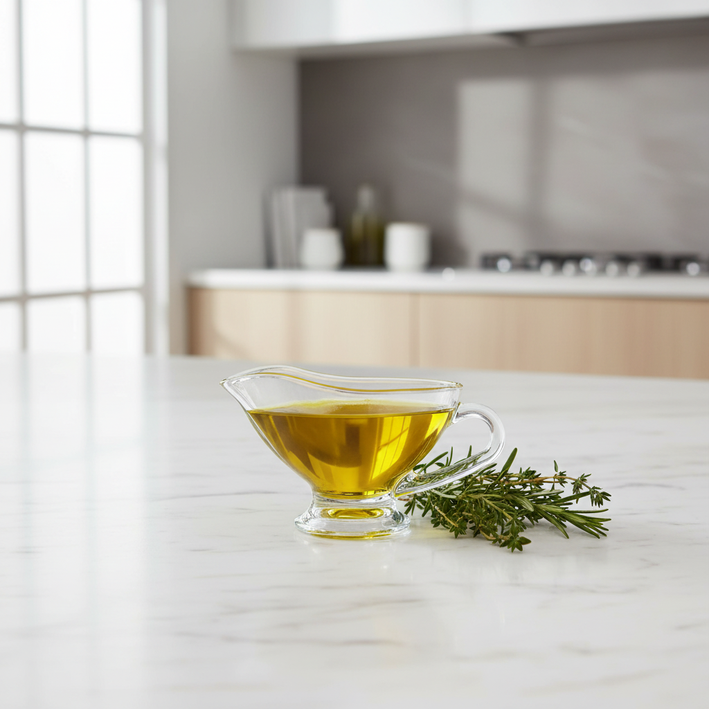 Salsiera vetro su piano marmo con olio e erbe