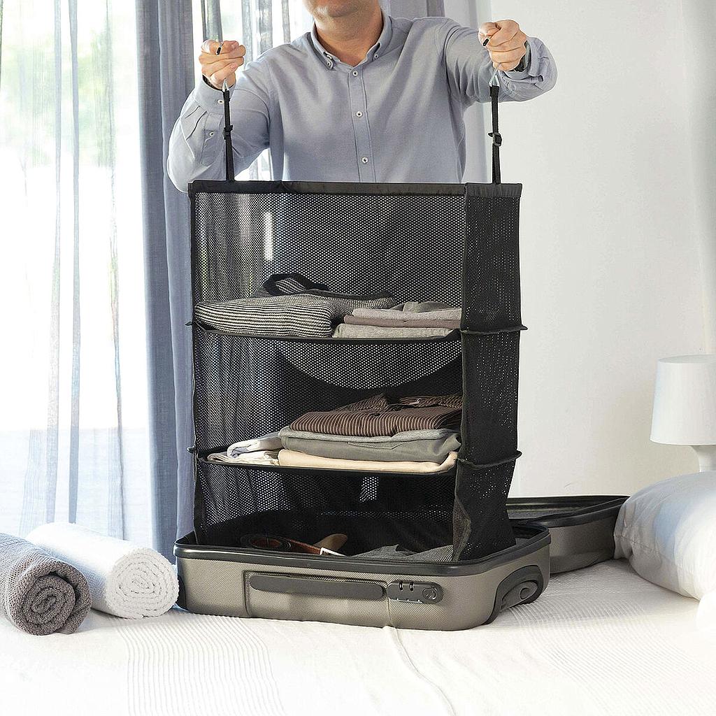 Organisateur de bagages pliable, rangez vos bagages facilement et efficacement, avec 3 étagères, couleur noire, matériau polyester, idéal pour les voyages.