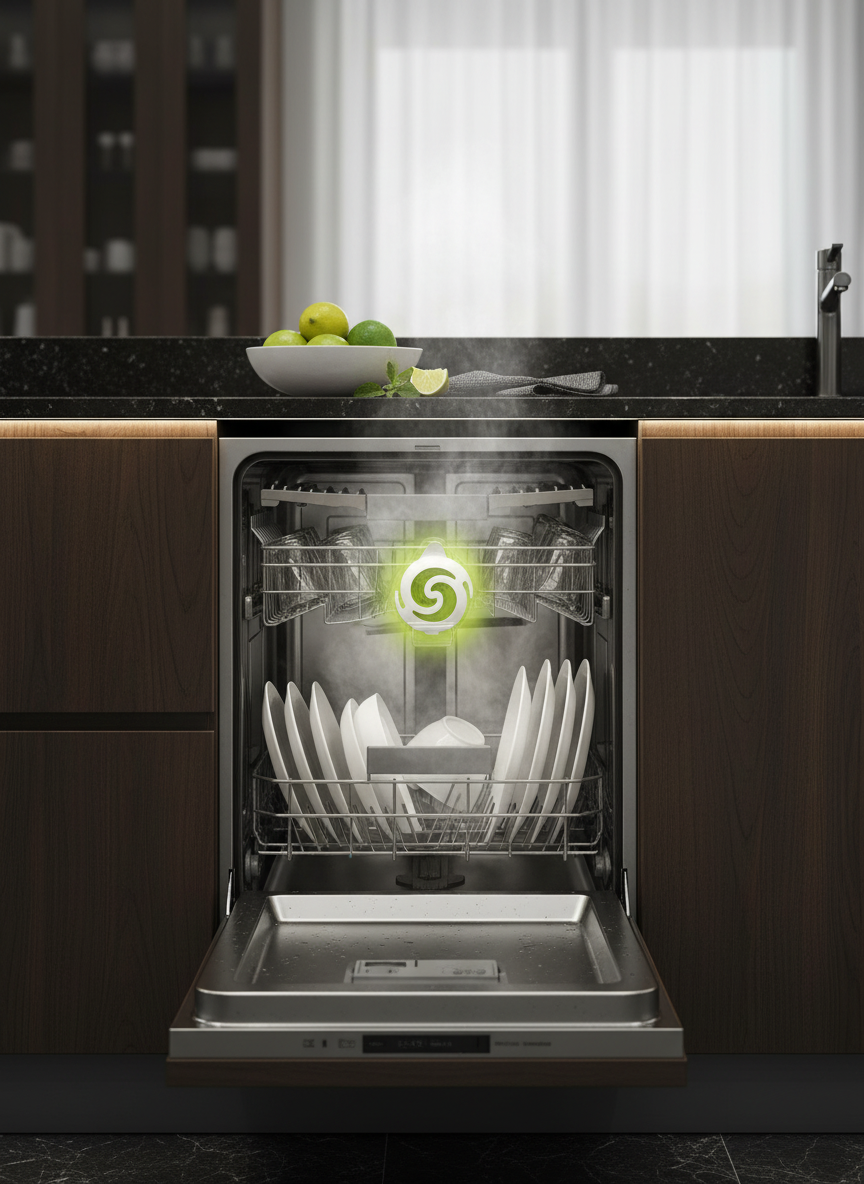 Scena 1: Lavastoviglie aperta con deodorante