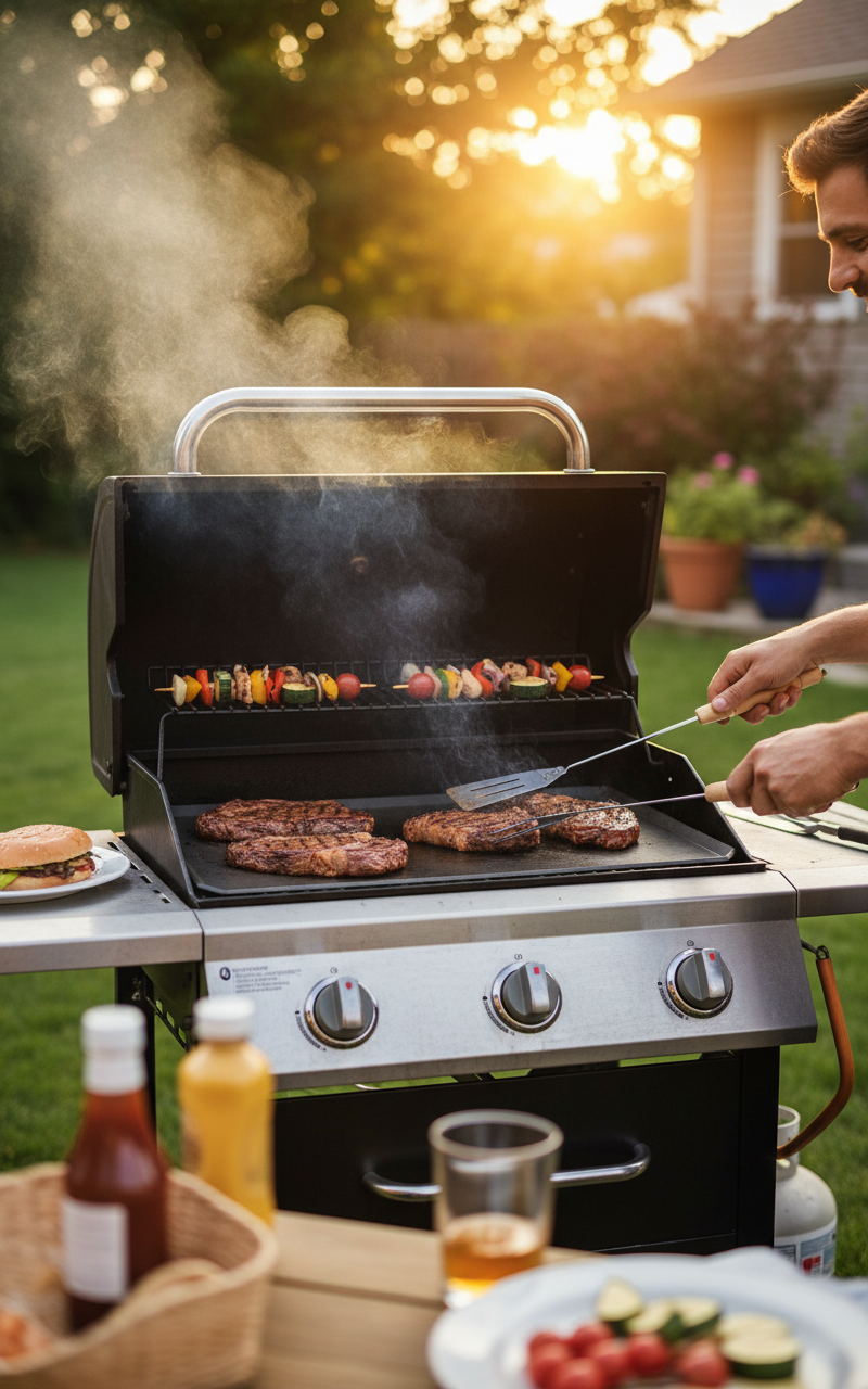 Scena BBQ con utensili in uso