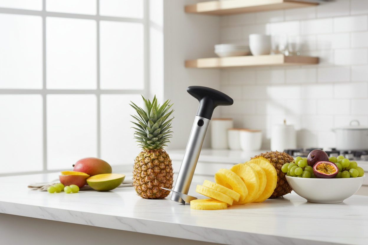 Scena lifestyle professionale sbuccia ananas