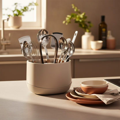 Scena organizzazione cucina con scolaposate tortora