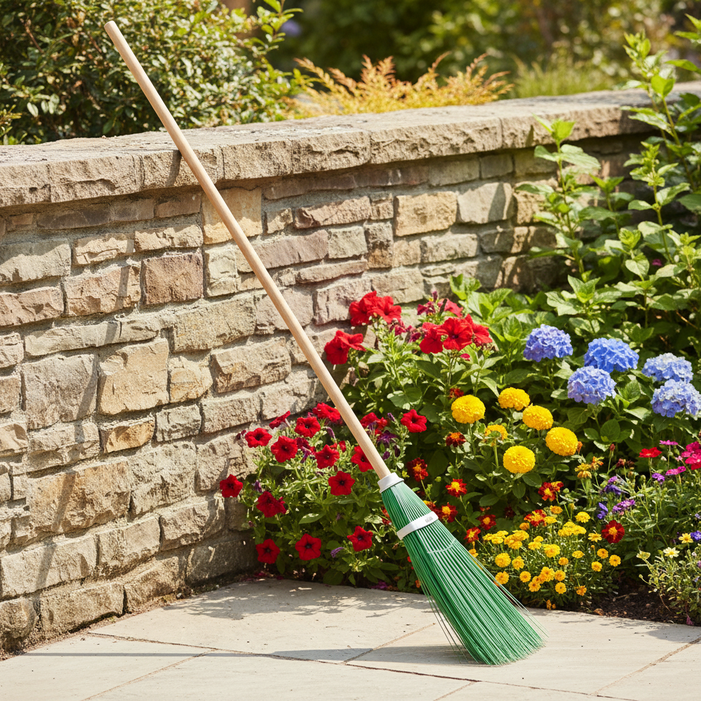 Scopa appoggiata al muro del giardino