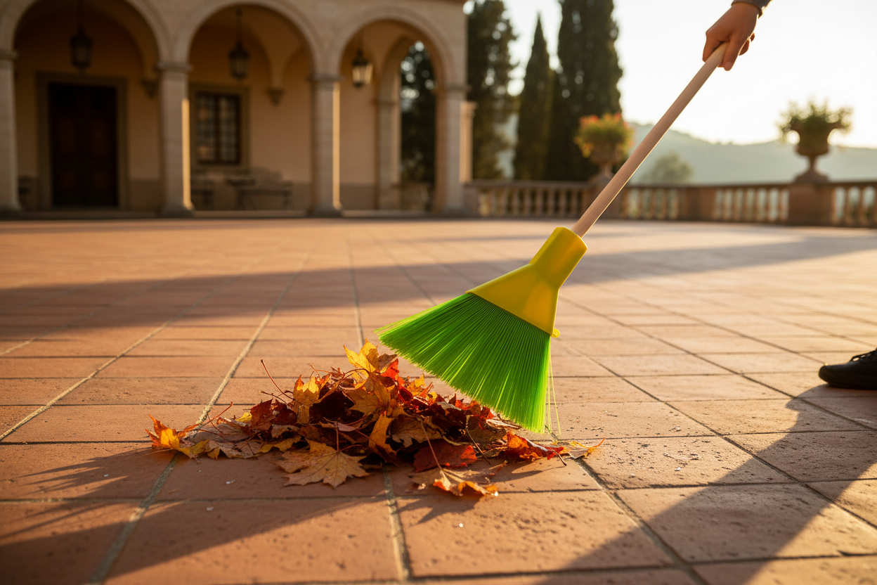 Scopa in uso su cortile italiano