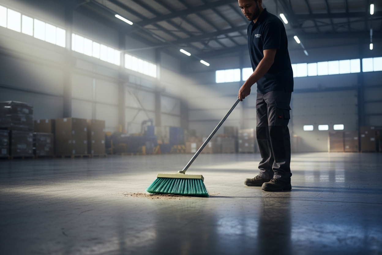 Scopa in uso su pavimento industriale