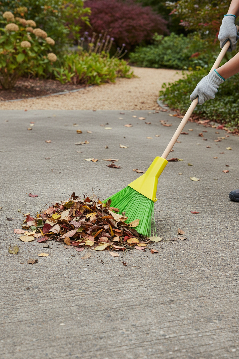 Scopa su vialetto con foglie