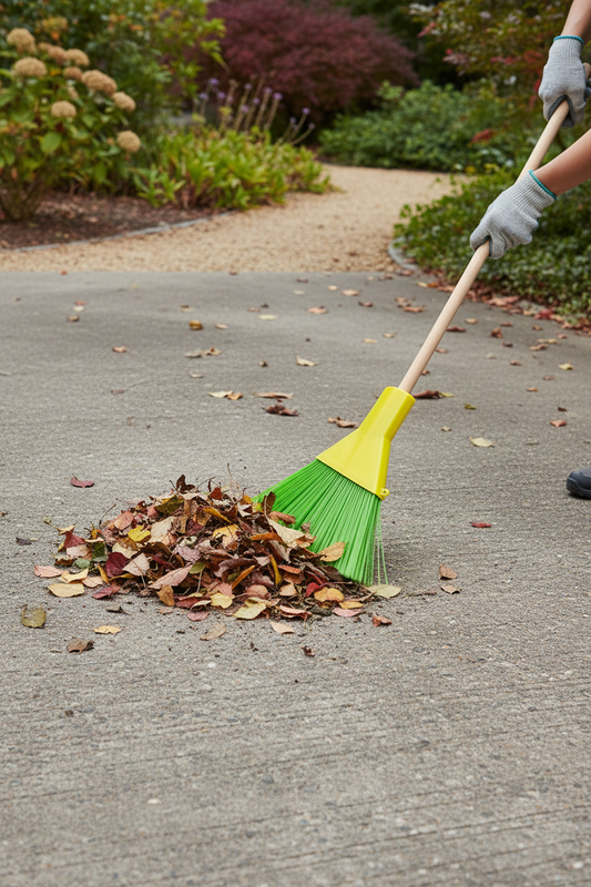 Scopa su vialetto con foglie