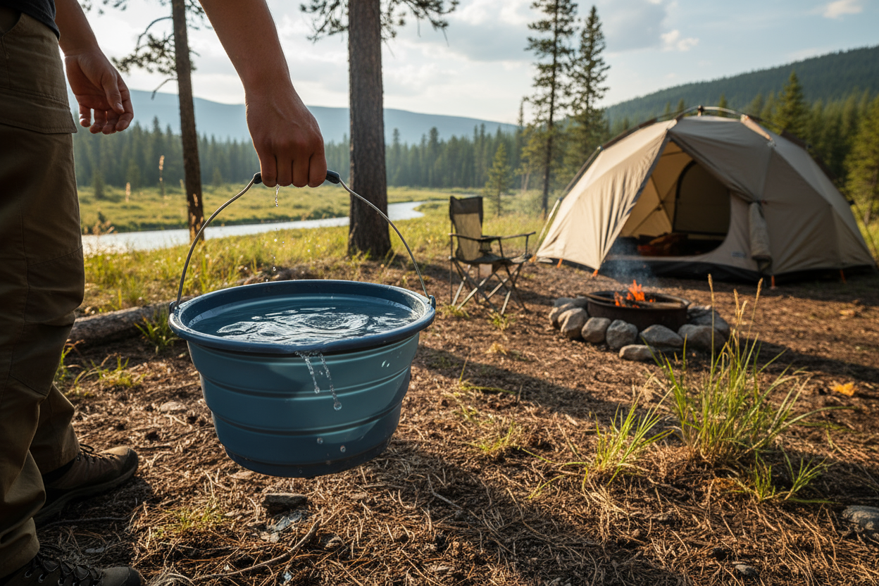 Secchio pieghevole in campeggio