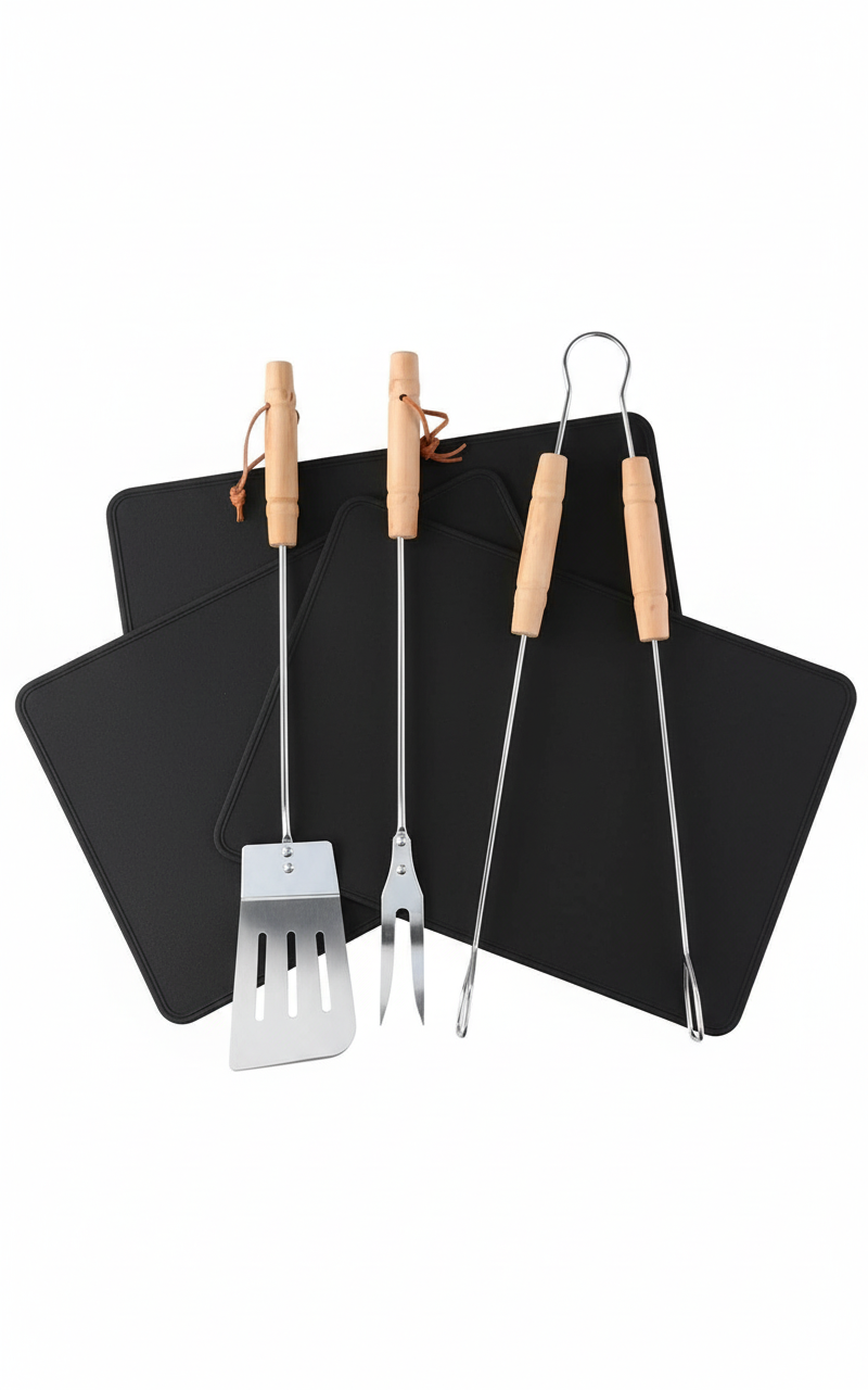 Set BBQ Completo Professionale - 3 Utensili in Legno + 3 Tappetini Antiaderenti 40x33cm - FercasaShop®