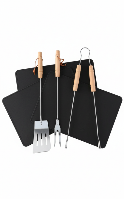 Set BBQ Completo Professionale - 3 Utensili in Legno + 3 Tappetini Antiaderenti 40x33cm - FercasaShop®