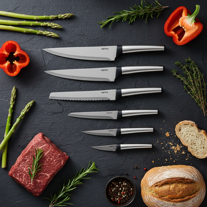 Set completo 5 coltelli Alpina flat lay