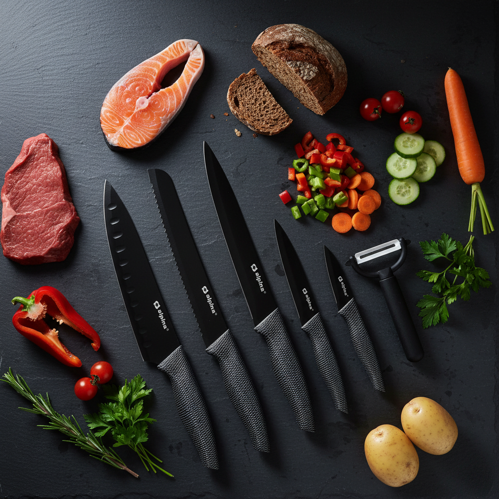 Set completo coltelli Alpina flat lay con ingredienti