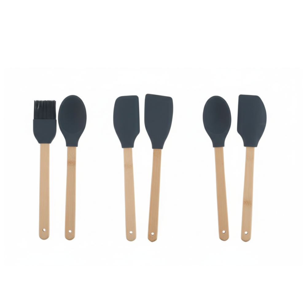 Set 6 Utensili Cucina Silicone Alpina Manico Legno Premium