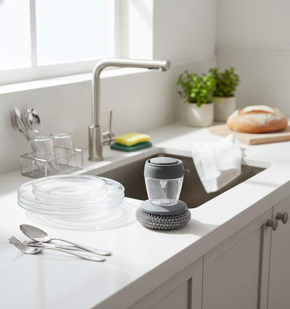 Spazzola accanto a piatti puliti