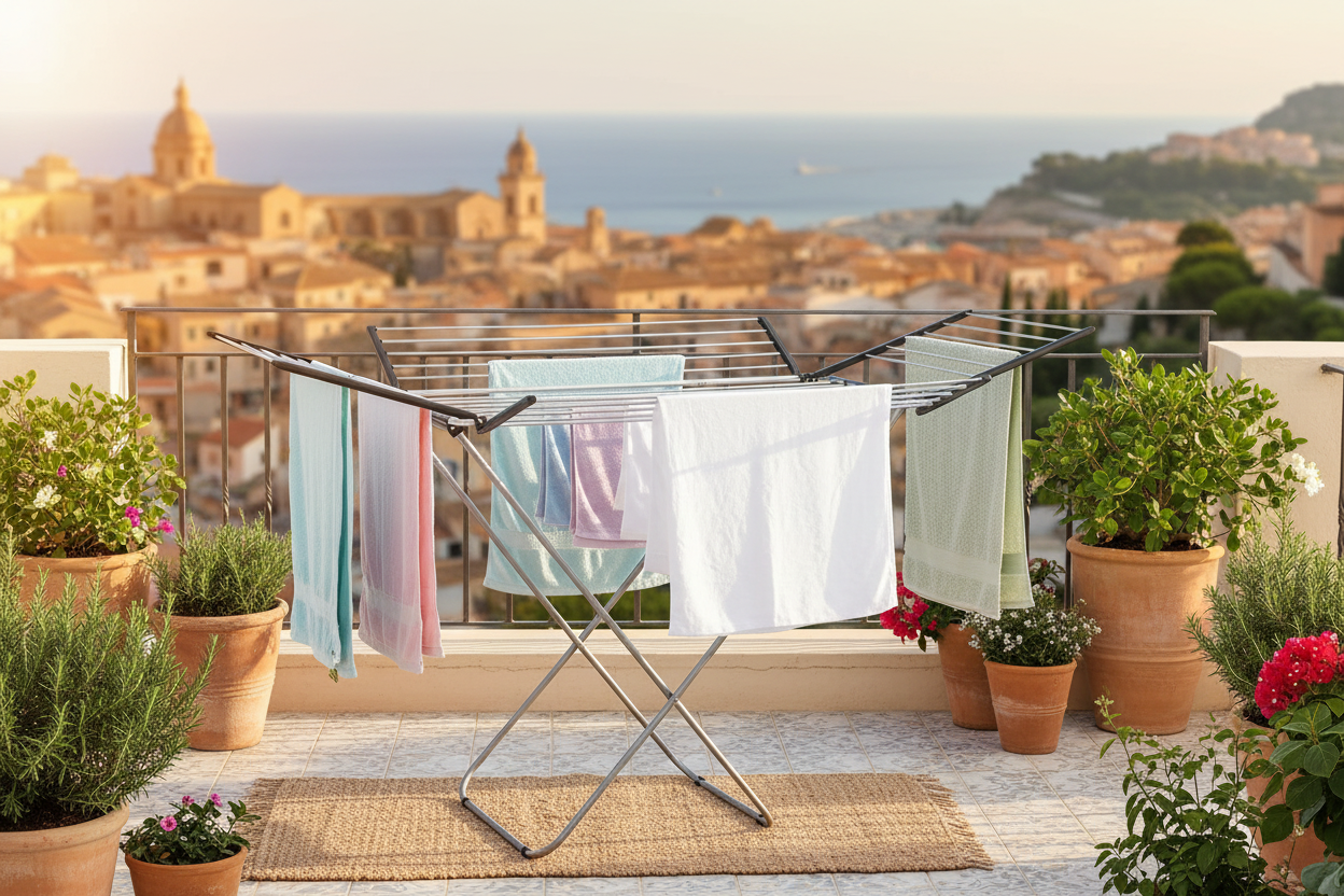 Stendibiancheria su balcone soleggiato